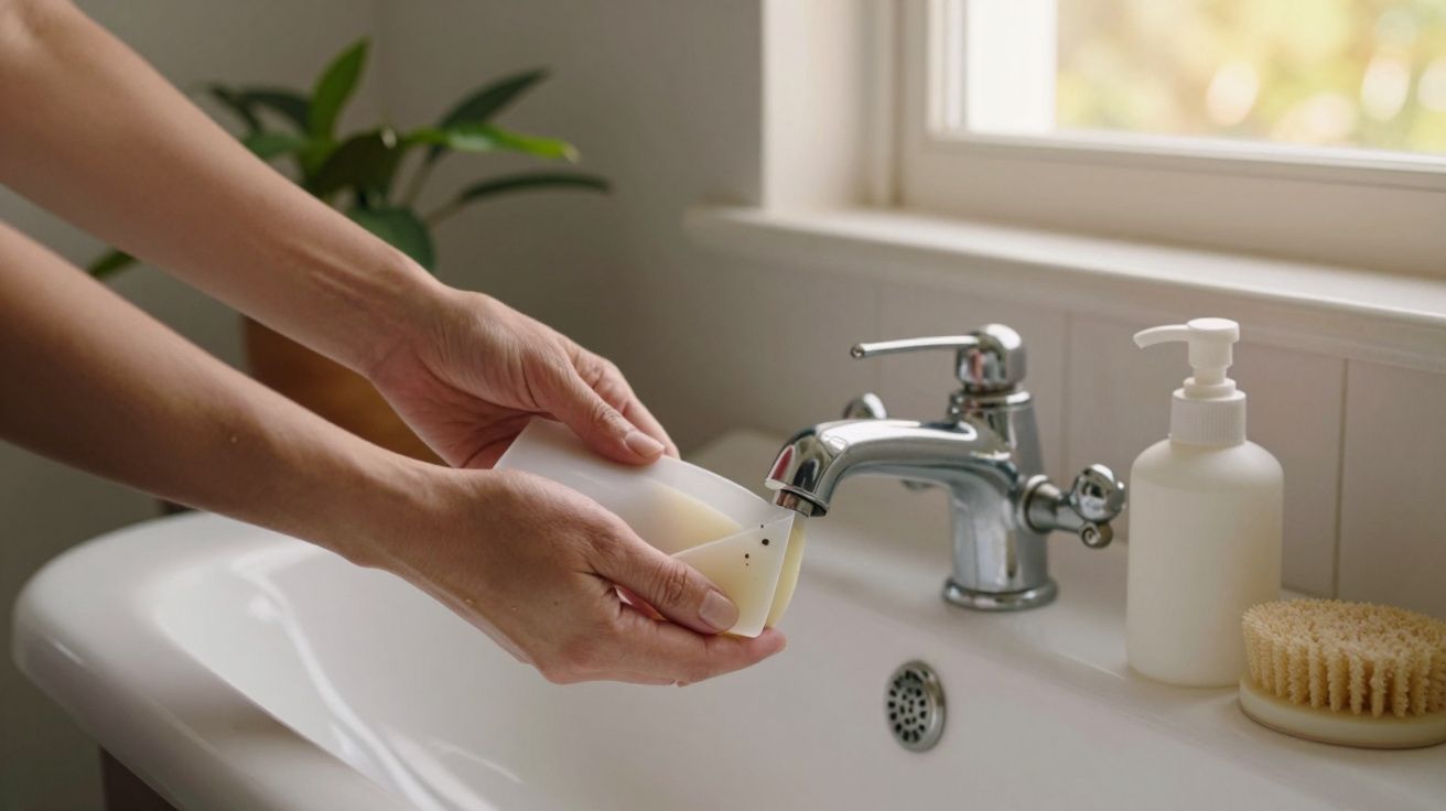 Mãos seguram garrafa sob torneira de lavatório, com saboneteira e escova ao lado.