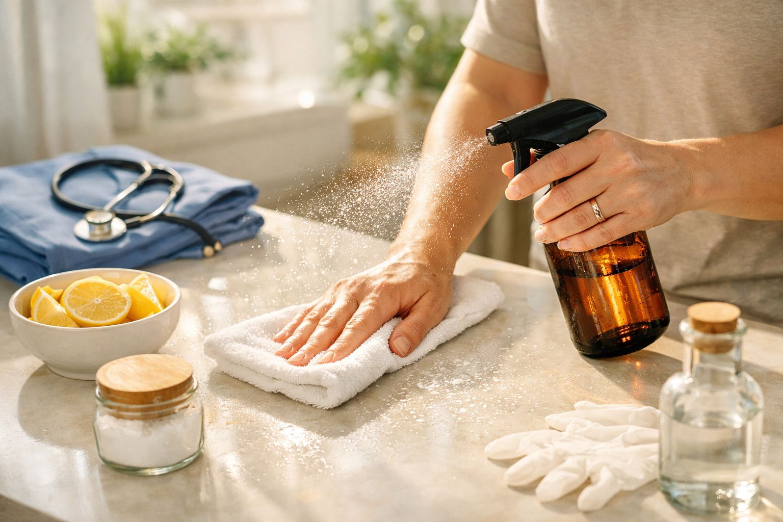 Pessoa usa borrifador em superfície com pano branco. Lemons, bicarbonato e luvas ao lado.