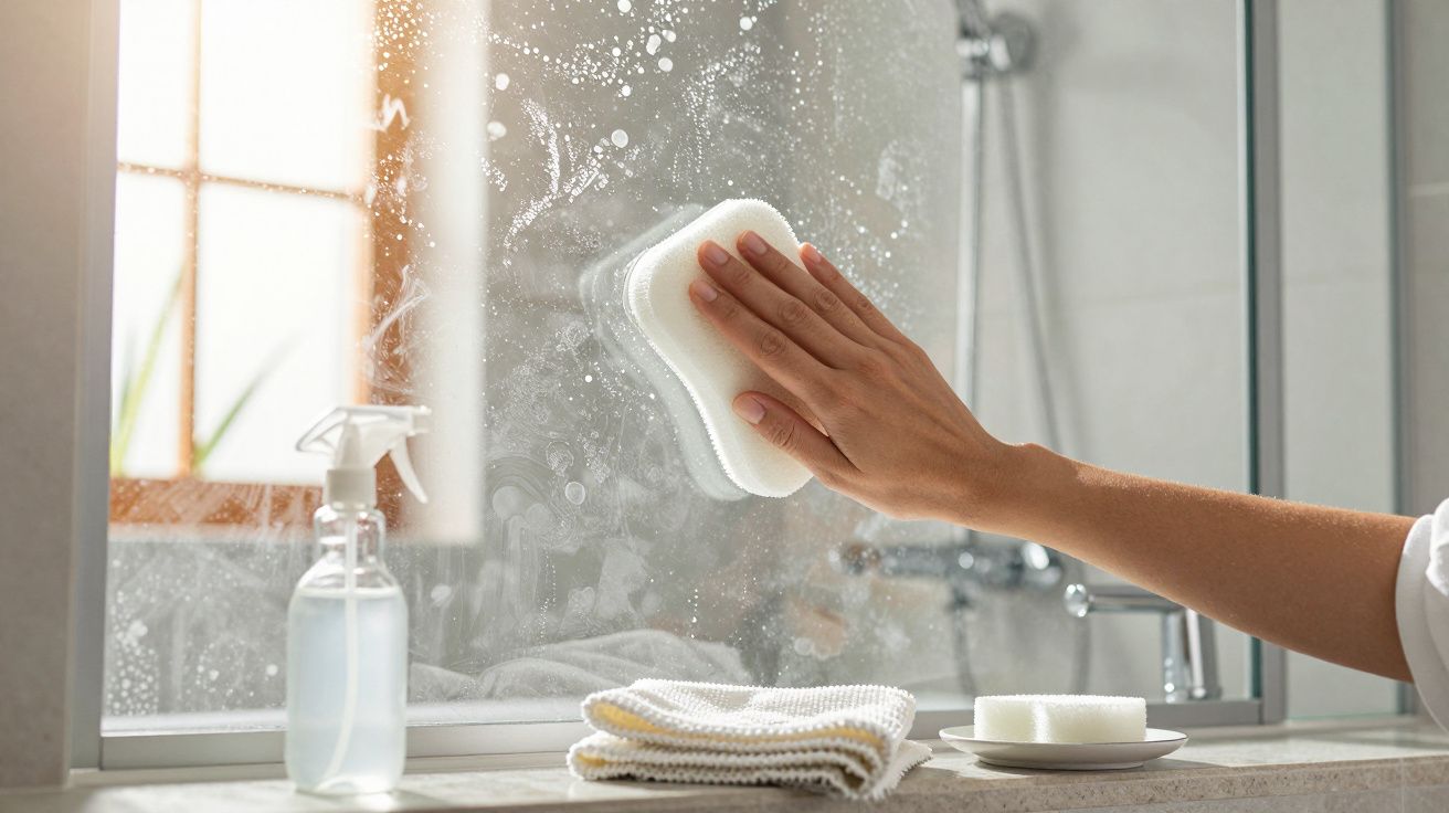 Mão a limpar janela com esponja branca, garrafa de spray e toalha ao lado.