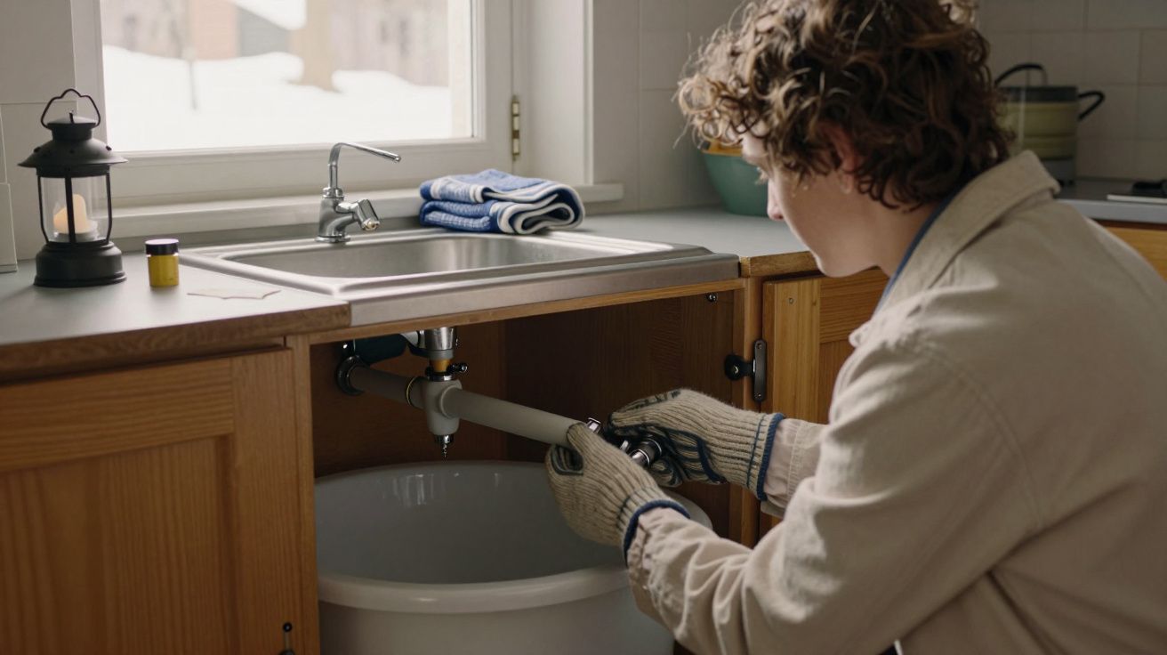 Pessoa reparando cano numa cozinha com armários de madeira e lava-loiça metálico.