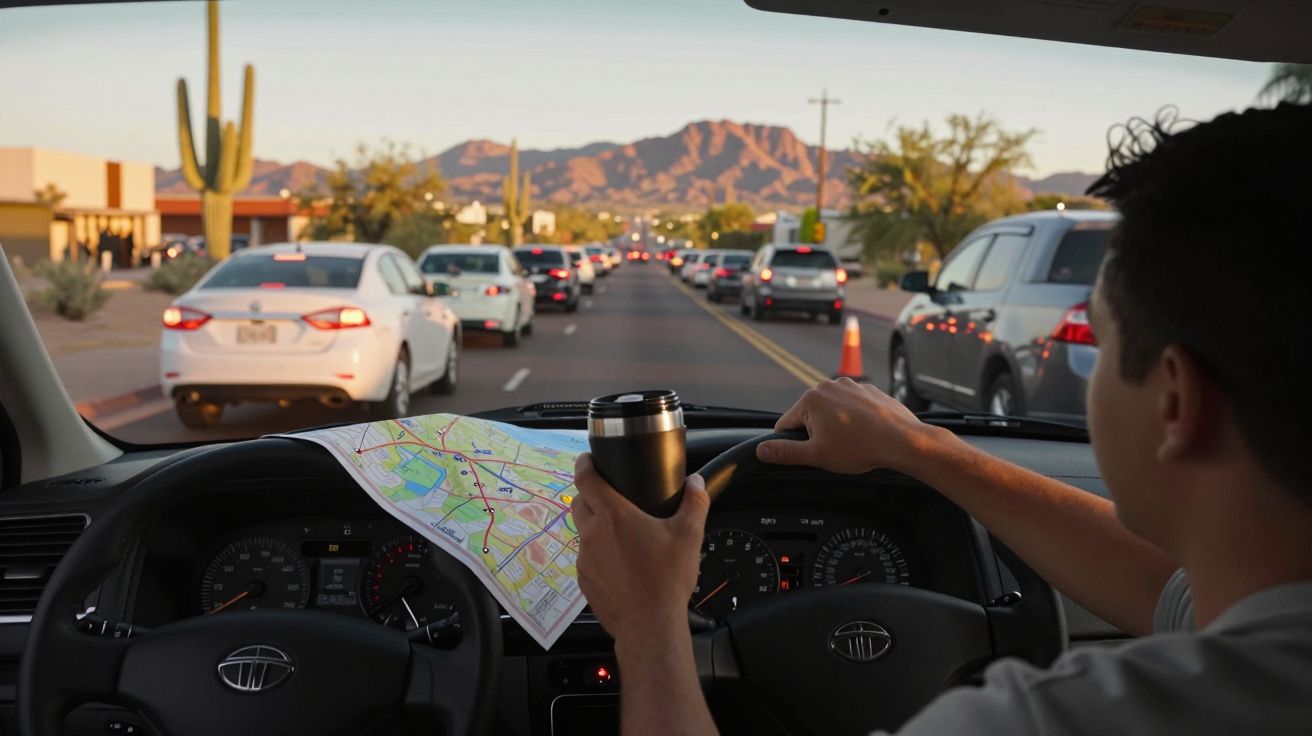 Condutor segura copo e mapa enquanto dirige em estradas com trânsito, cactos e montanhas ao fundo.