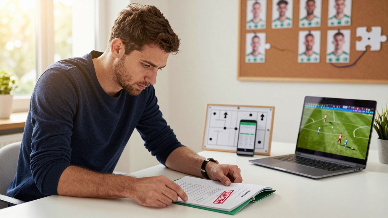 Homem concentrado em ler documentos numa mesa, com portátil a exibir jogo de futebol ao fundo.