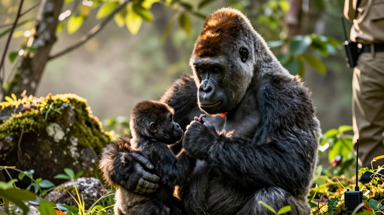 Gorila adulto segurando gentilmente bebé gorila nas mãos, rodeados por vegetação densa numa floresta.