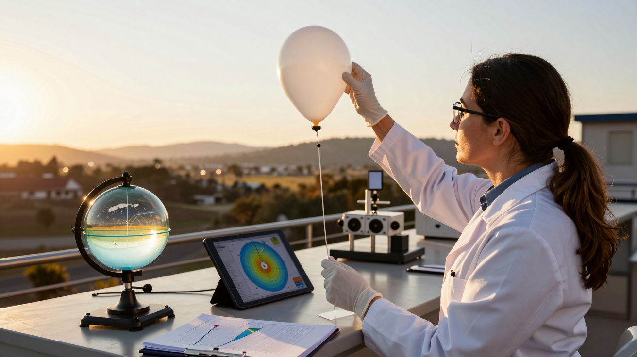 Cientista em terraço analisa globo e tablet ao pôr do sol, segurando um balão.