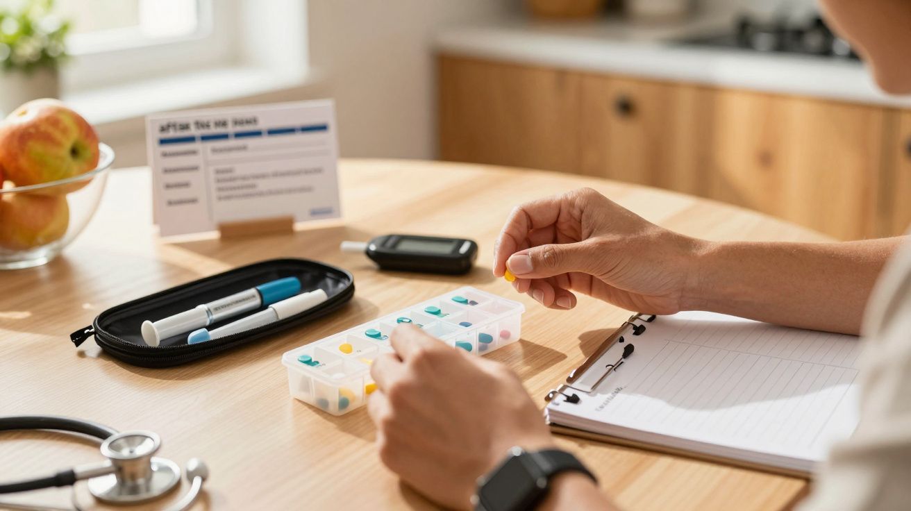 Pessoa organizando medicamentos com caixa de comprimidos, bloco de notas, dispositivo médico e maçãs na mesa de madeira.