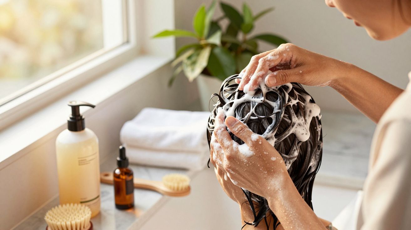 Pessoa a lavar o cabelo de outra, espuma e produtos ao lado, planta ao fundo.
