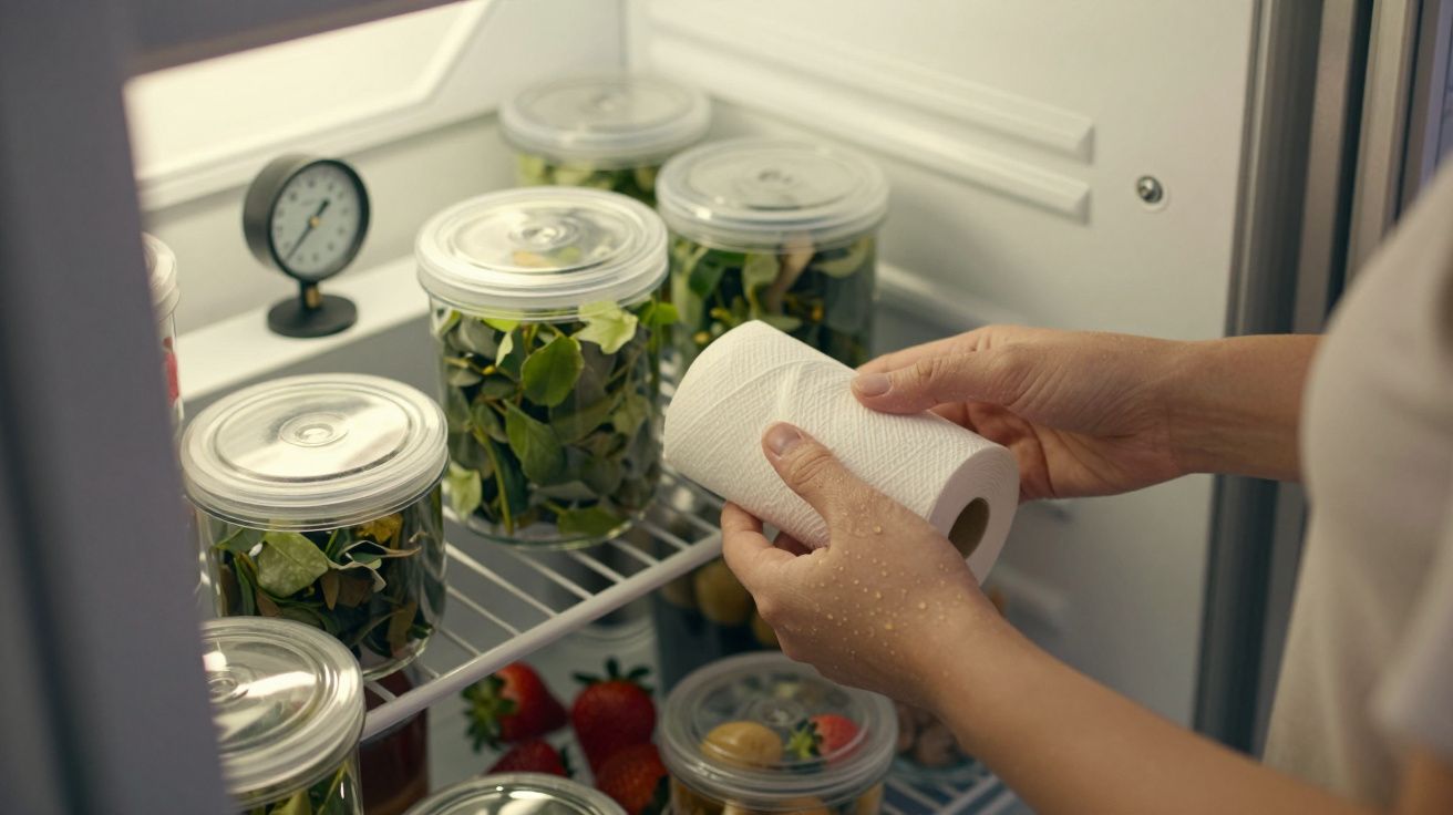 Pessoas a segurar rolo de papel em frente a frascos com comida, num frigorífico, com manómetro no interior.