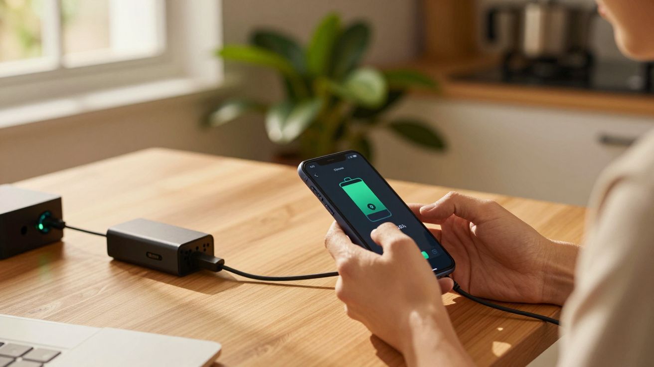 Pessoa segura um smartphone a carregar na mesa, com uma planta ao fundo.