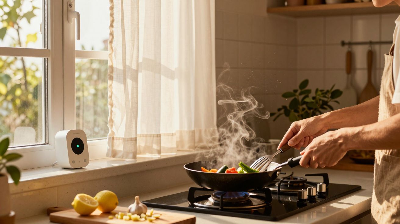 Pessoa cozinha legumes numa frigideira numa cozinha com janela aberta e plantas.