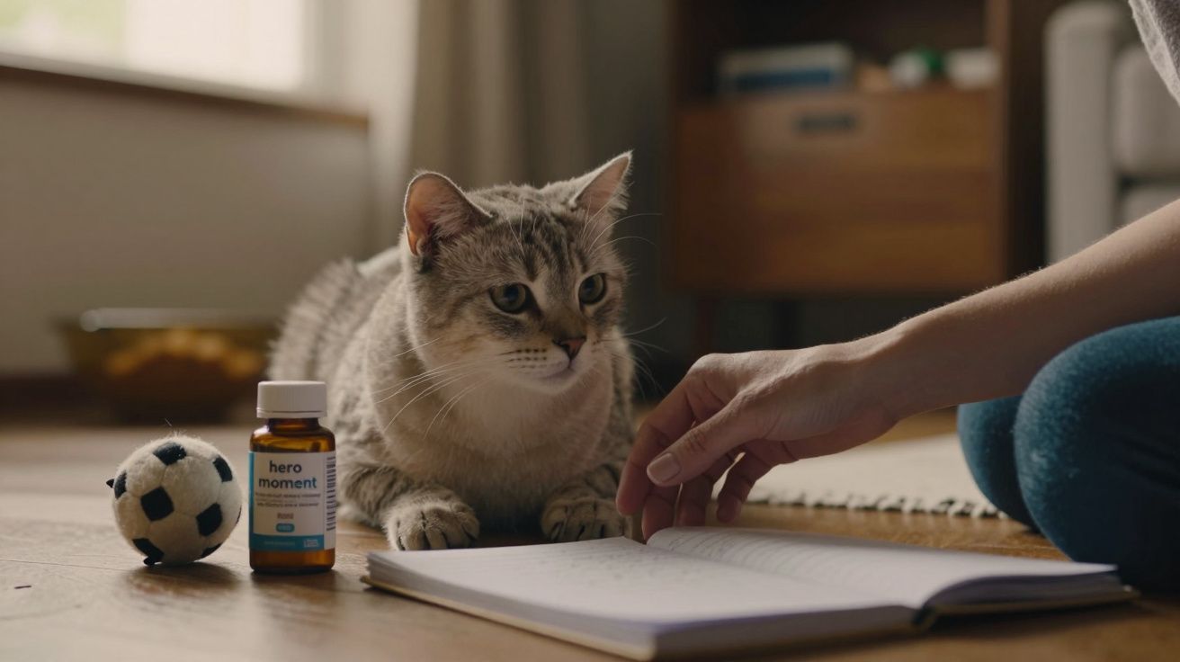 Gato observa livro aberto no chão, ao lado de uma mão, uma bola pequena e um frasco de suplemento.