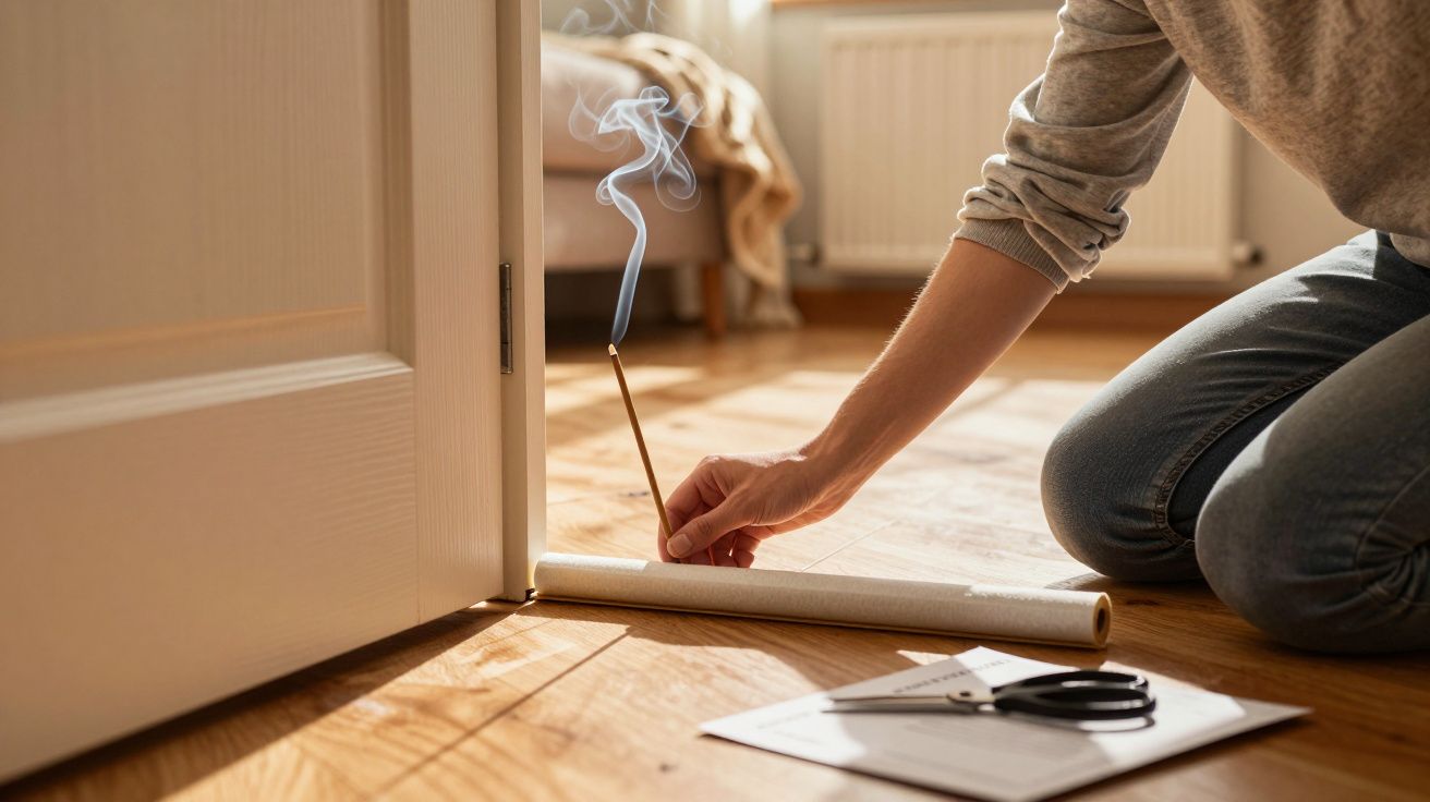 Pessoa usa incenso para testar correntes de ar na porta. O incenso está apoiado num papel.