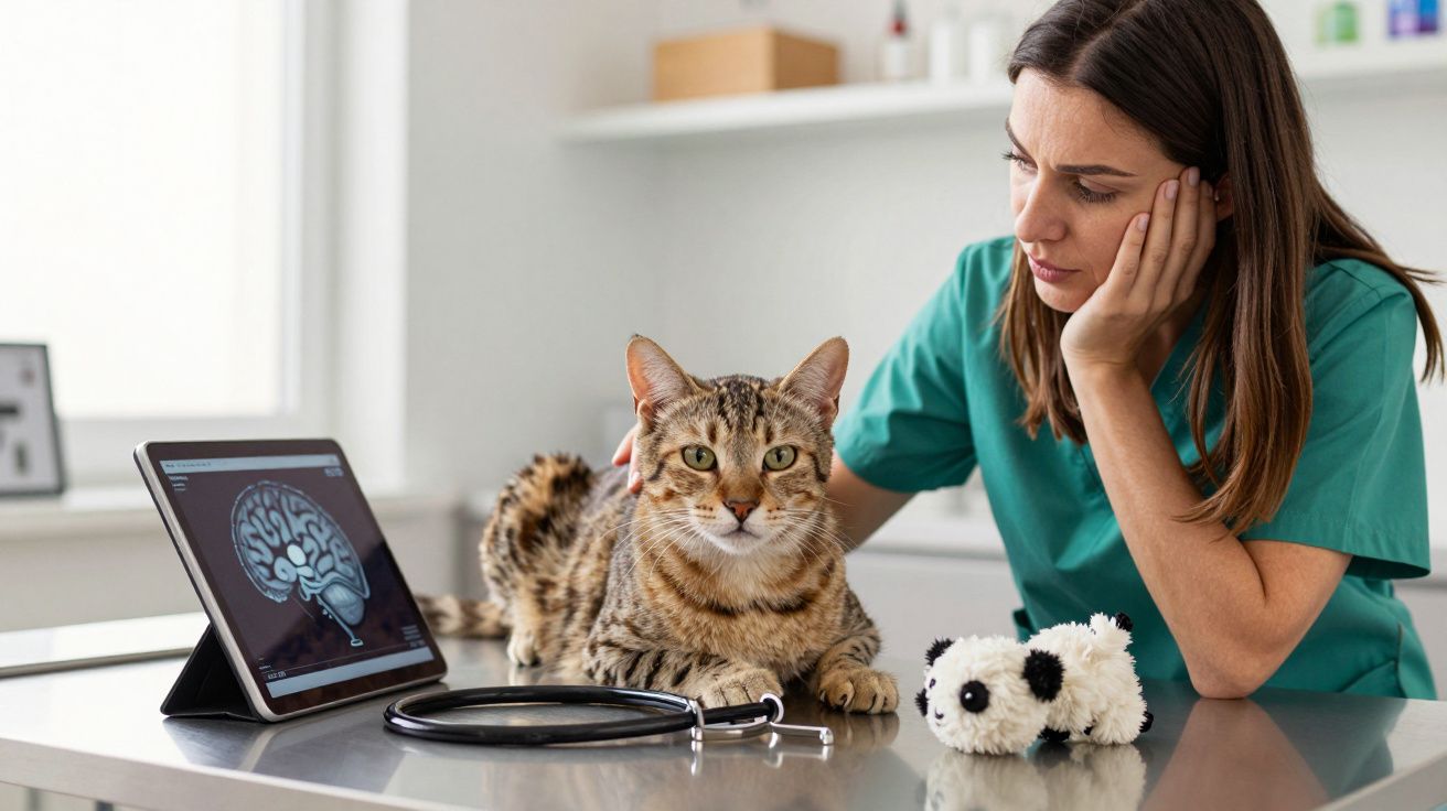Veterinária observa gato em mesa de exame com tablet mostrando imagem cerebral, ao lado de um estetoscópio e peluche.