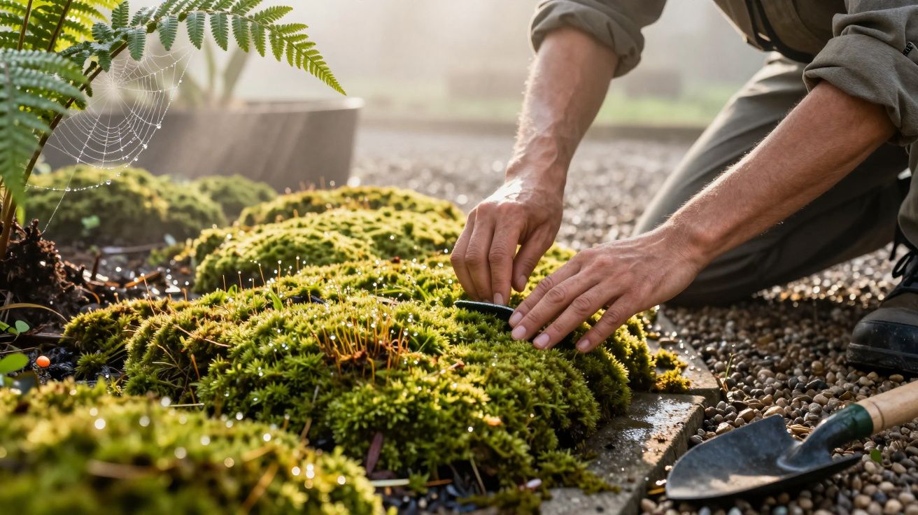 Pessoa cuidando de musgo num jardim, de manhã ensolarada, com pá pequena e teia de aranha visível.