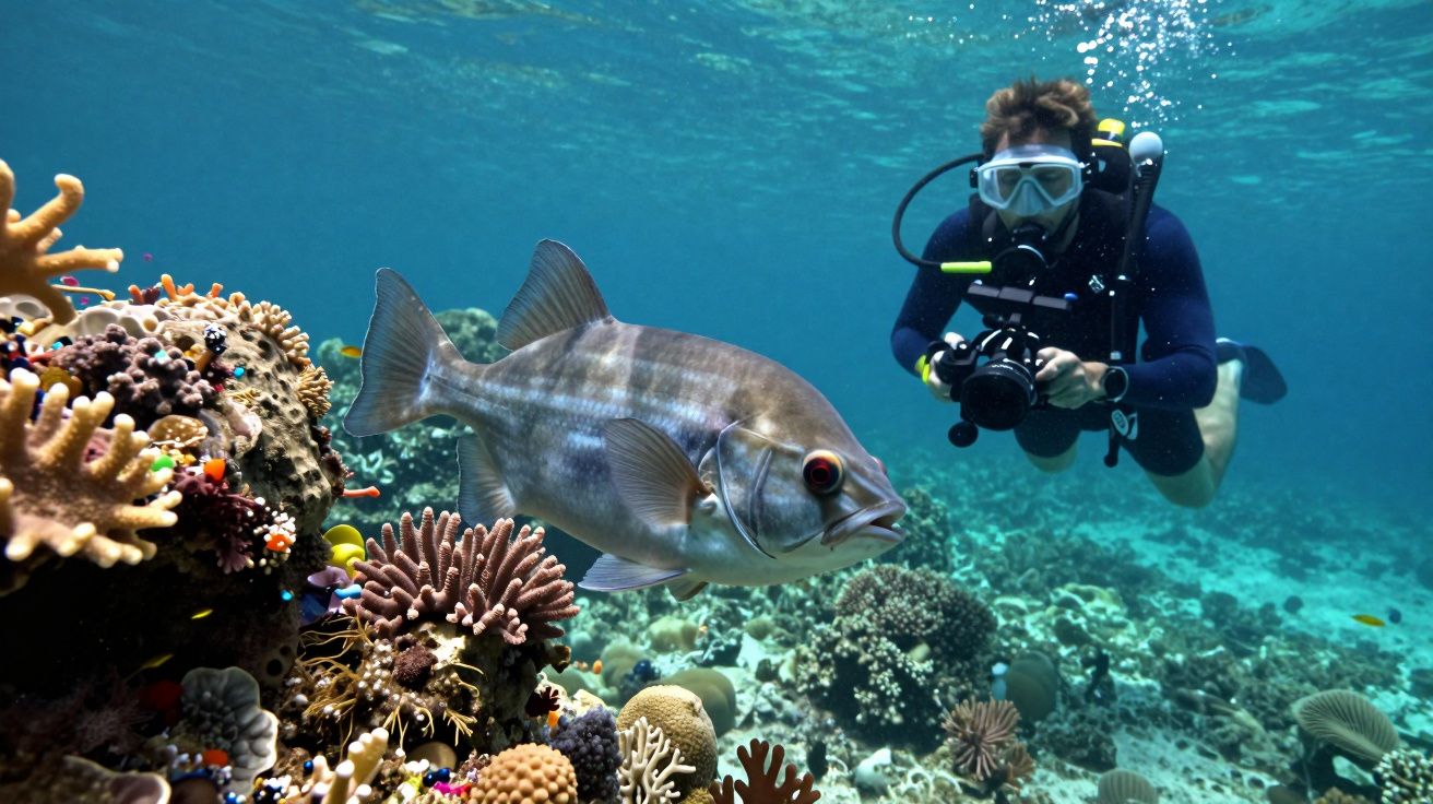Mergulhador fotografa peixe junto a recife de corais coloridos, em águas claras e azuis.