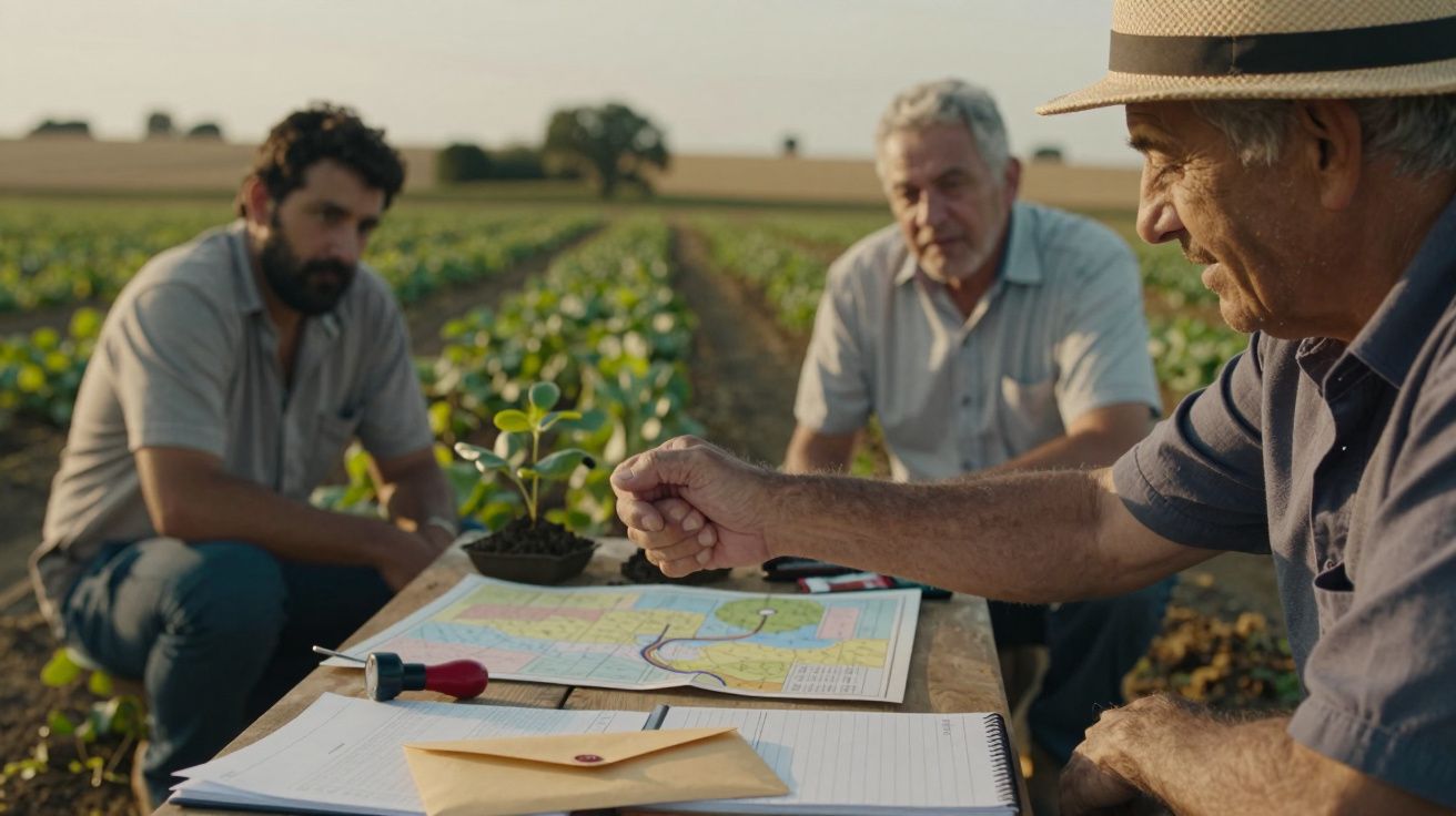 Três homens discutem um mapa e um documento numa mesa, em frente a um campo agrícola. Um vaso com planta está presente.
