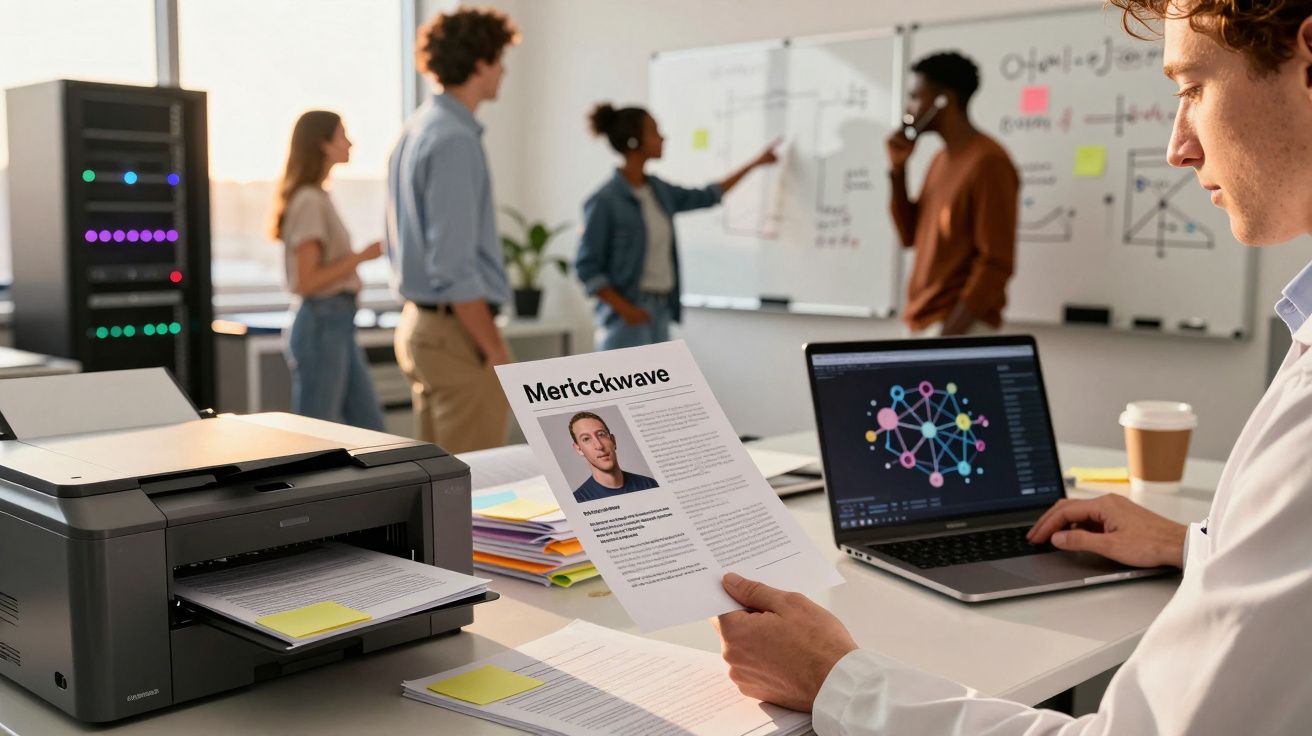 Homem segura documento impresso ao lado de portátil, enquanto três pessoas colaboram em frente a um quadro branco.