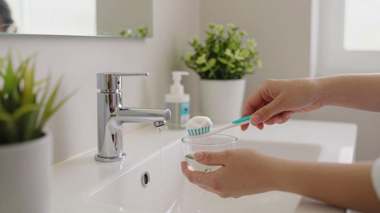 Mãos a segurar uma escova de dentes e copo, com pia e plantas no fundo.