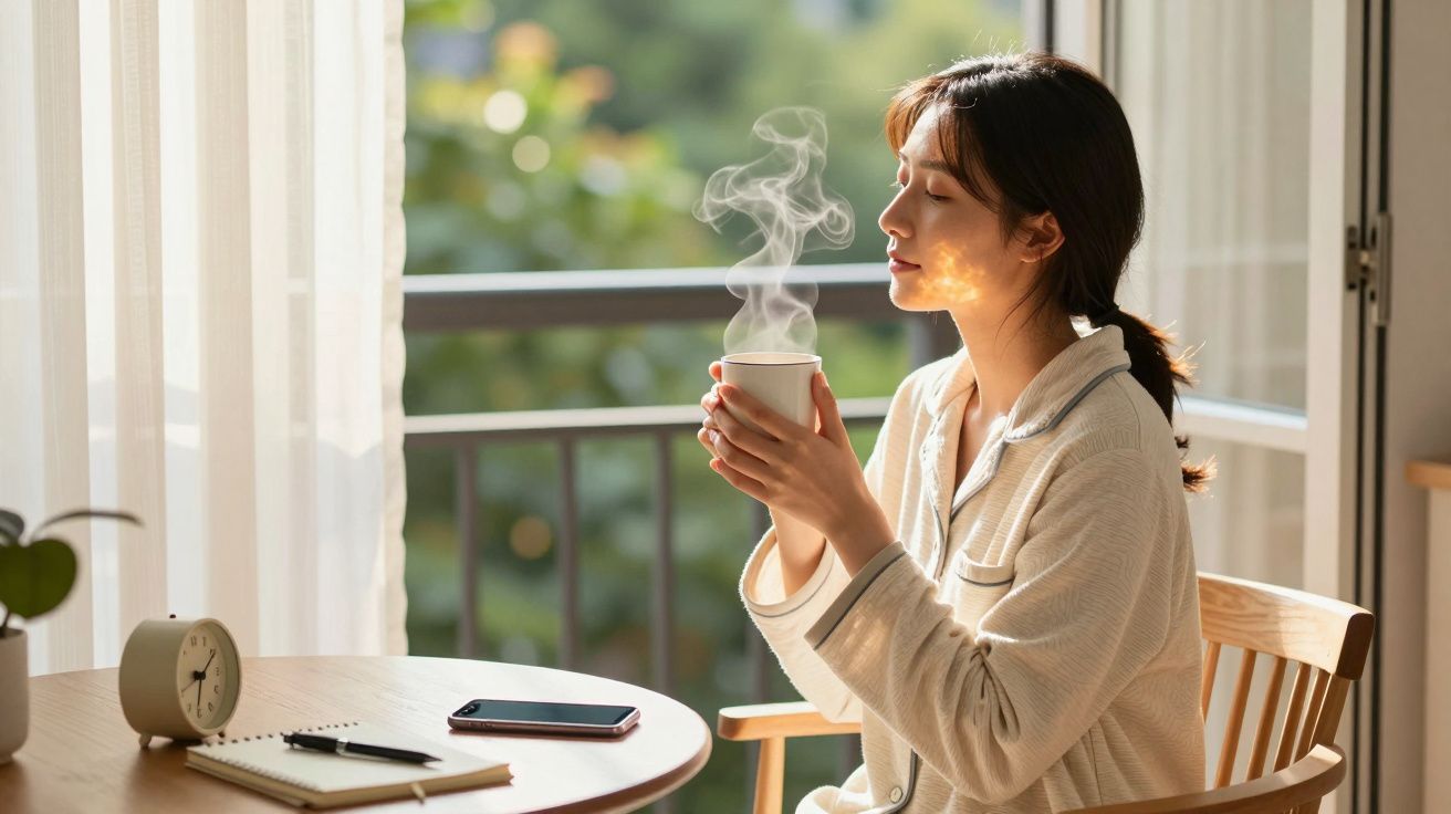 Mulher em pijama, sentada à mesa, segurando uma caneca com vapor, junto a janela ensolarada.