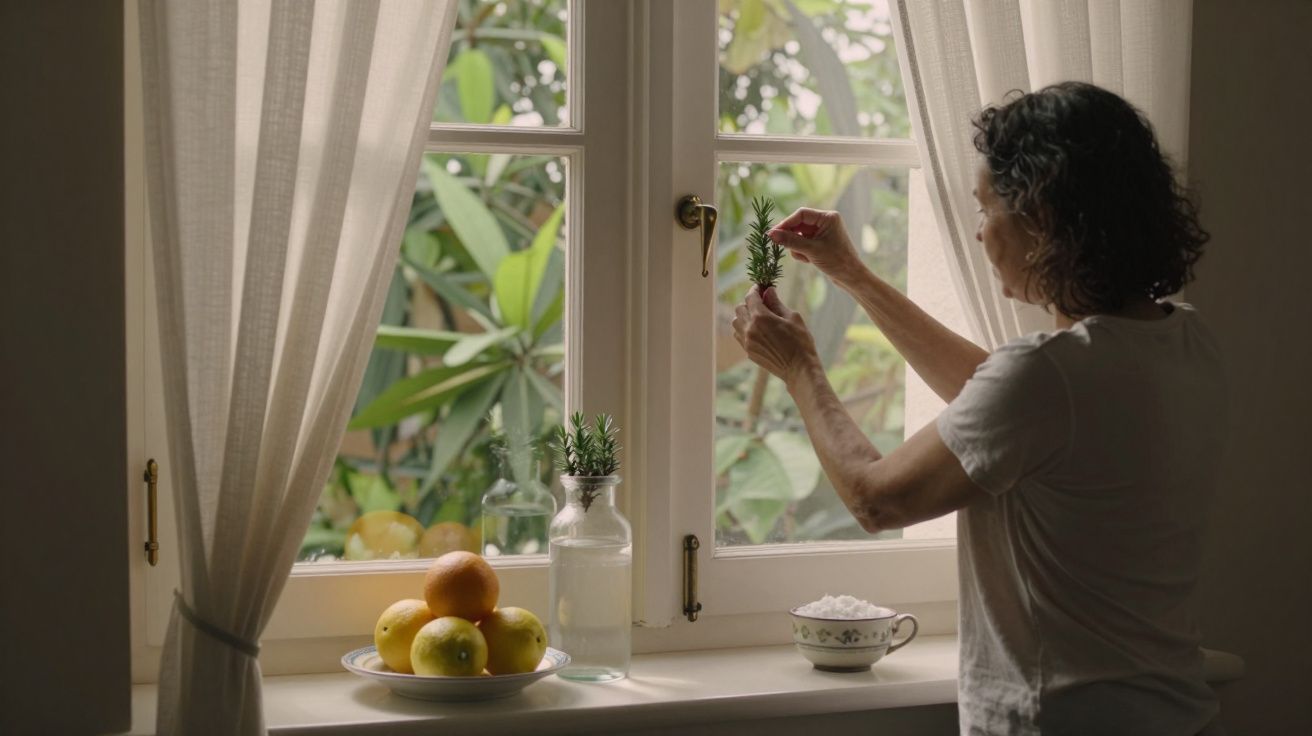 Mulher decora janela com ramo de alecrim; frutas e jarra de vidro no parapeito.