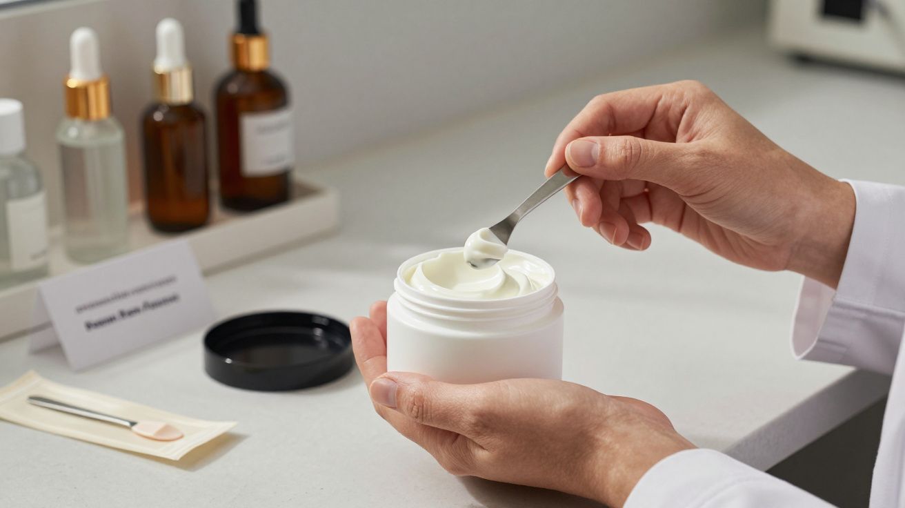 Mãos seguram recipiente de creme branco com espátula, frascos de cosméticos ao fundo sobre bancada.