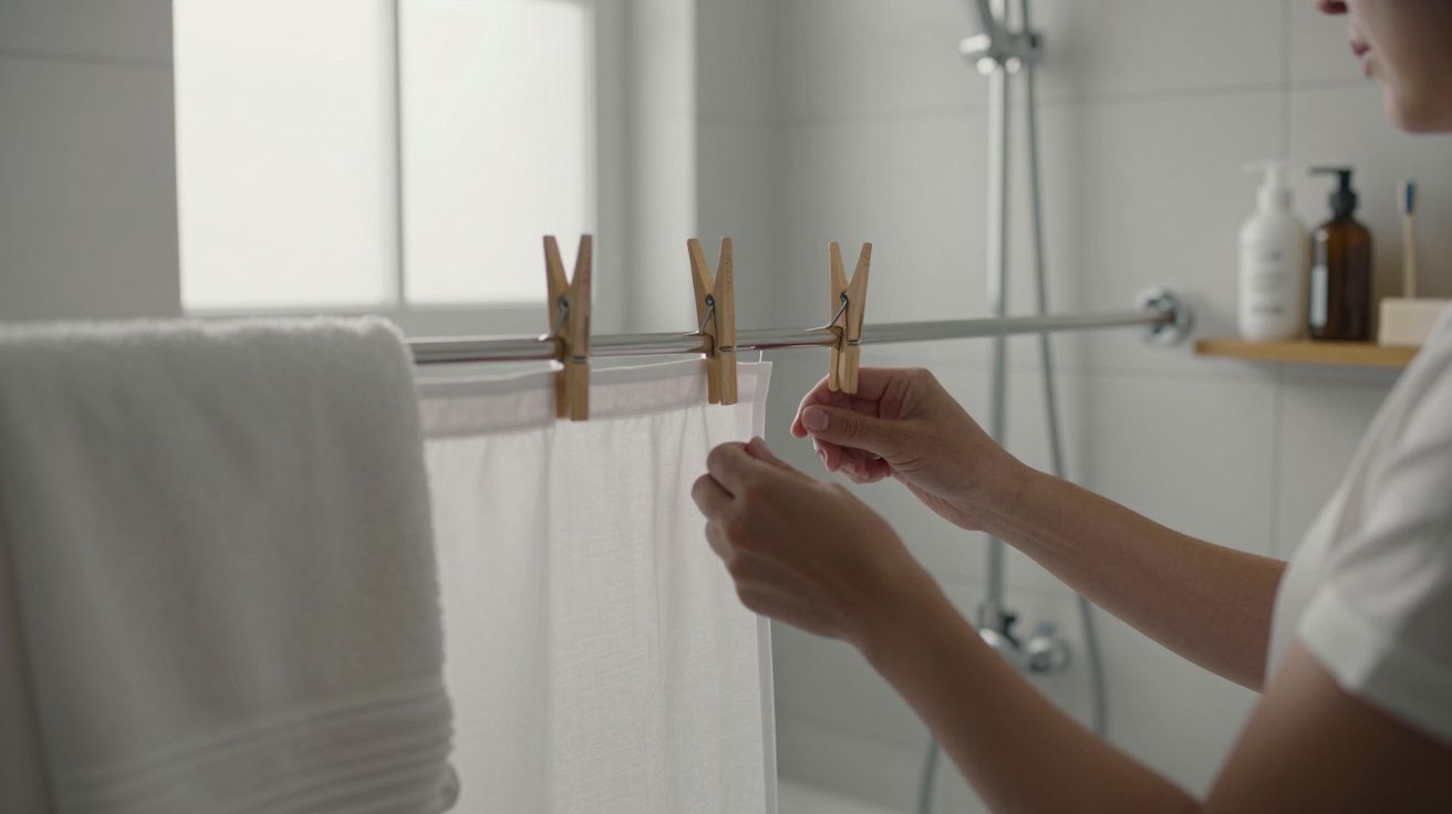 Cortina de banho branca presa com molas sobre uma banheira, num WC moderno com azulejos claros.