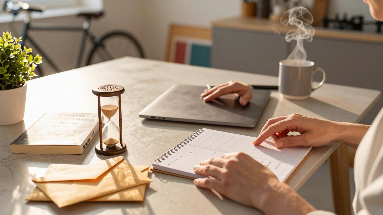 Pessoa escrevendo num bloco de notas, com ampulheta, portátil, chá e livro na mesa iluminada pelo sol.