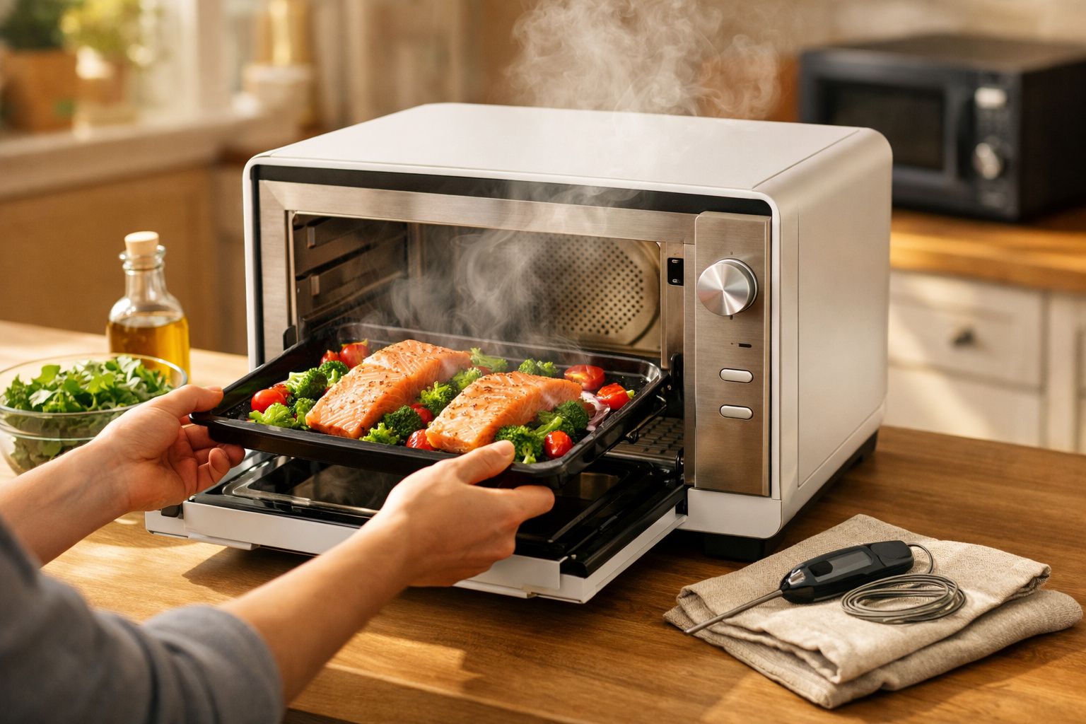 Pessoa a abrir uma fritadeira sem óleo com alimentos cozinhados. Em cima da mesa há uma salada.