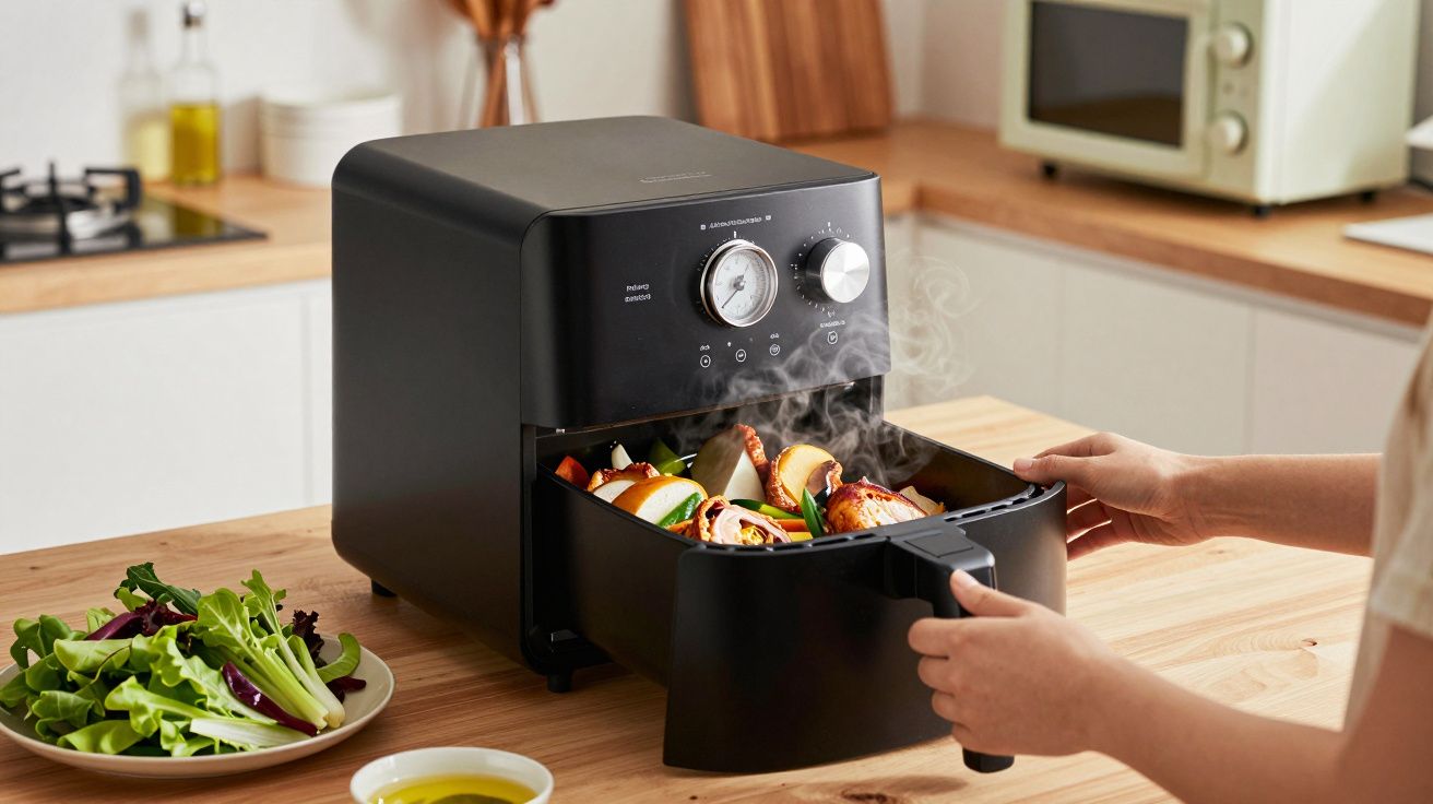 Pessoa a abrir fritadeira de ar quente preta com legumes cozinhados, na cozinha.