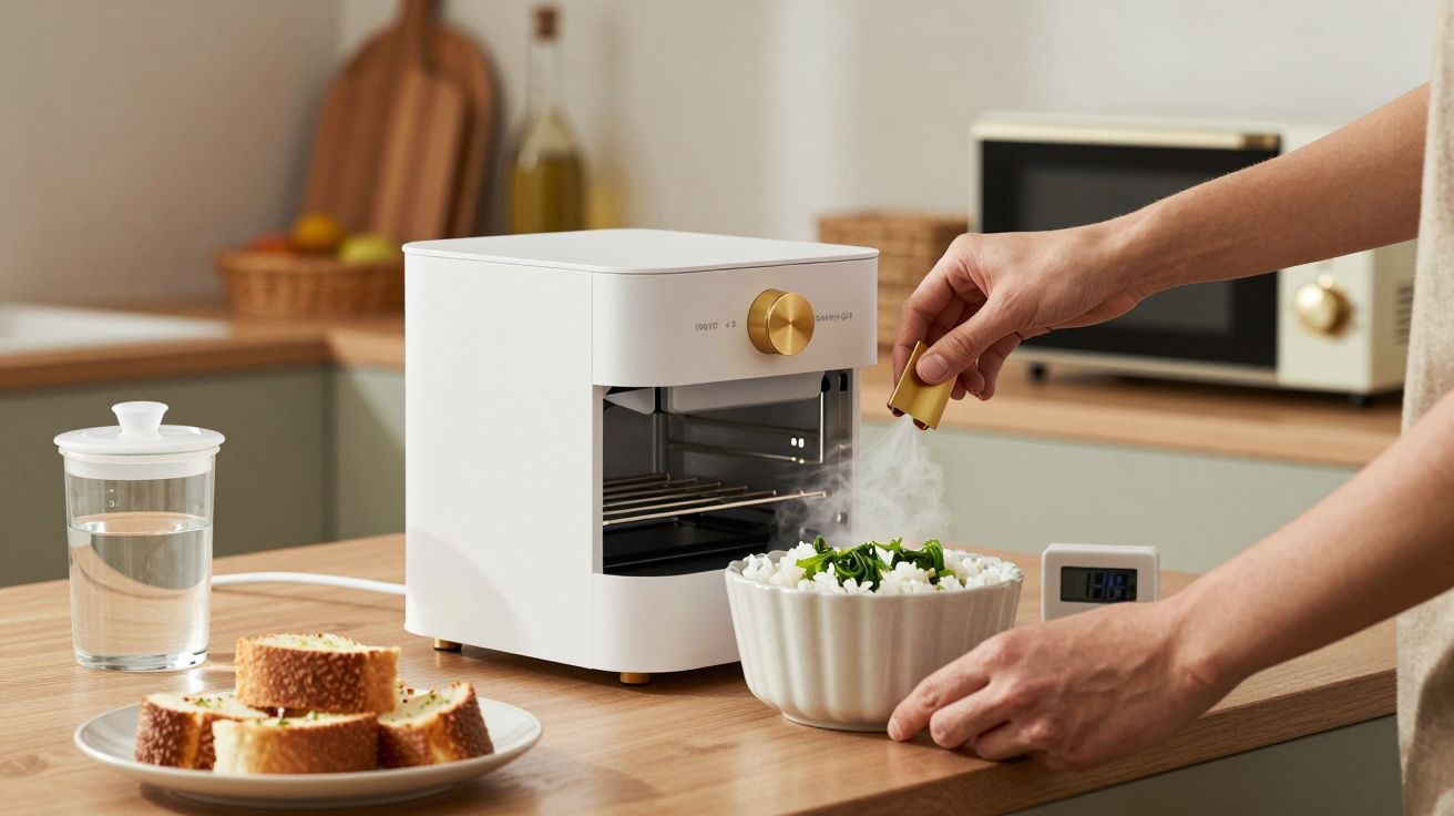 Pessoa coloca manteiga em arroz, ao lado de um forno branco numa cozinha moderna com pão e copo de água na bancada.
