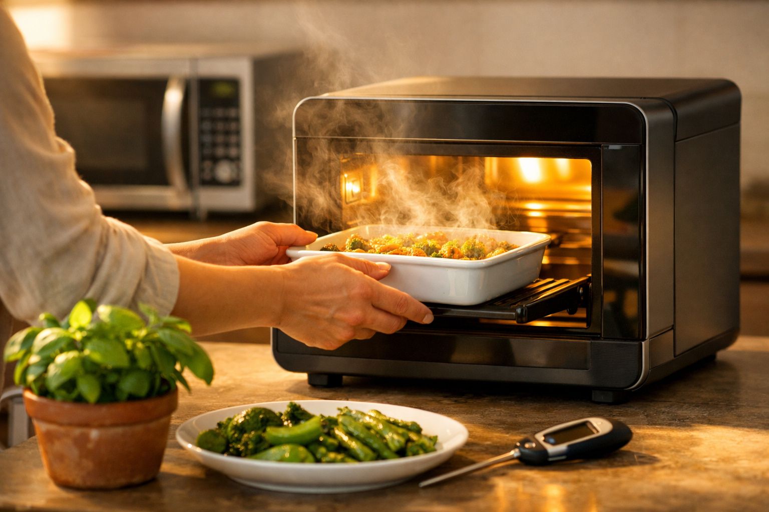 Pessoa cozinha legumes e salmão numa panela a vapor numa cozinha moderna.