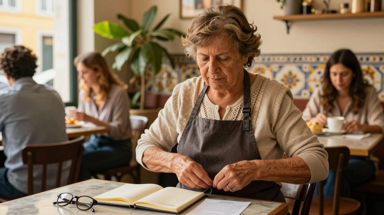 Idosa com avental lendo caderno em café, clientes no fundo.
