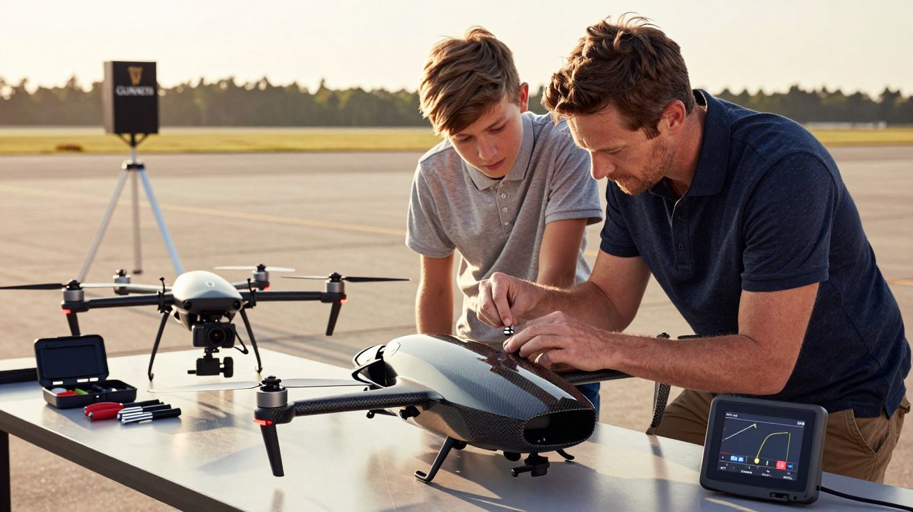 Dois homens a ajustar um drone preto numa mesa ao ar livre, com outro drone e equipamentos ao fundo.