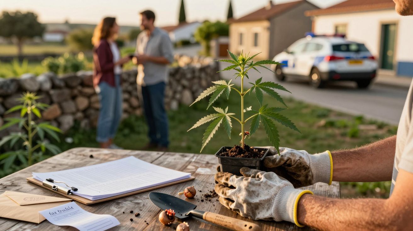 Homem com luvas a plantar numa mesa, casais ao fundo e viatura policial estacionada numa rua rural.