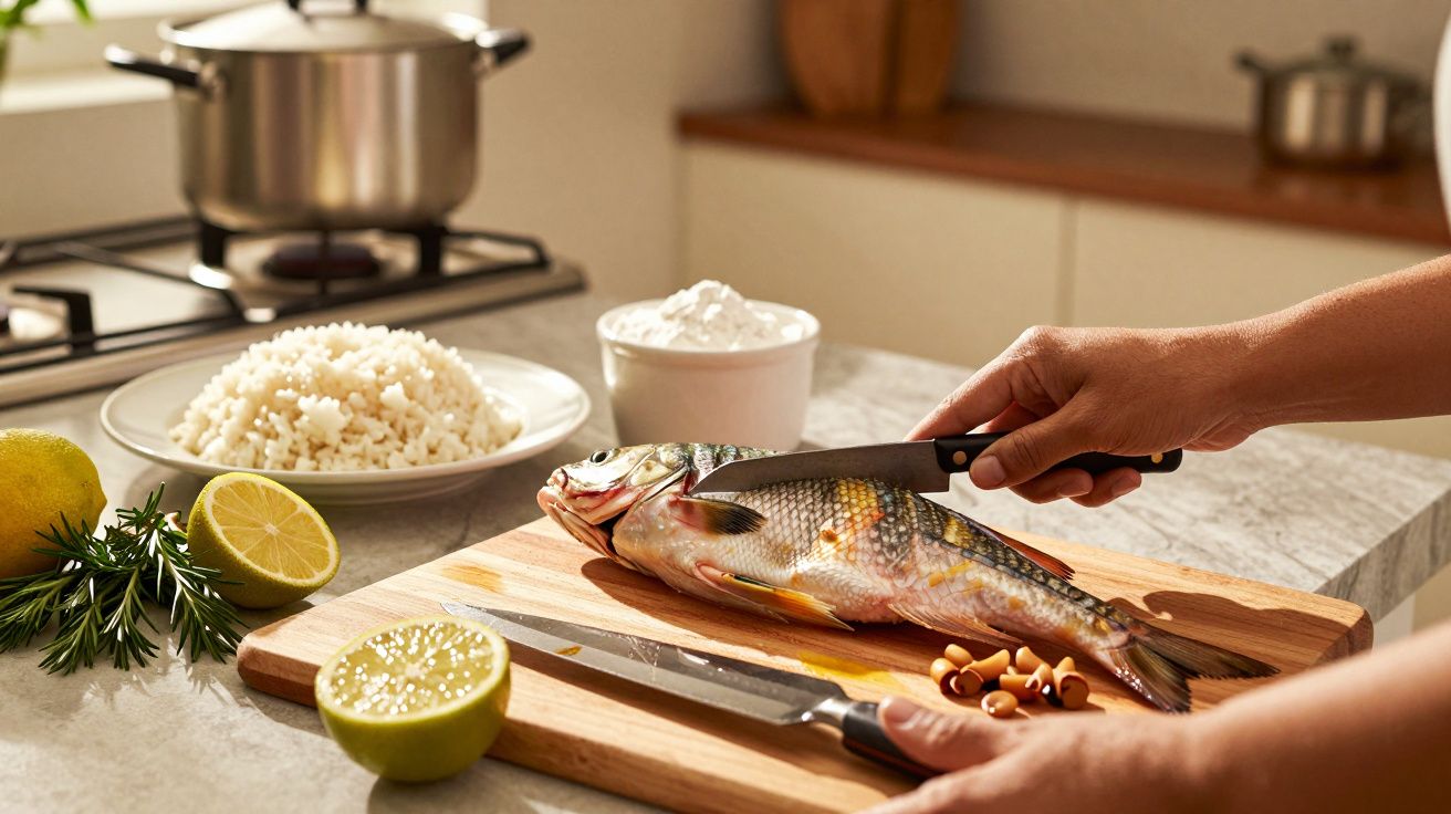 Pessoa preparando peixe numa tábua, com arroz, limão e ervas ao lado, numa cozinha bem iluminada.