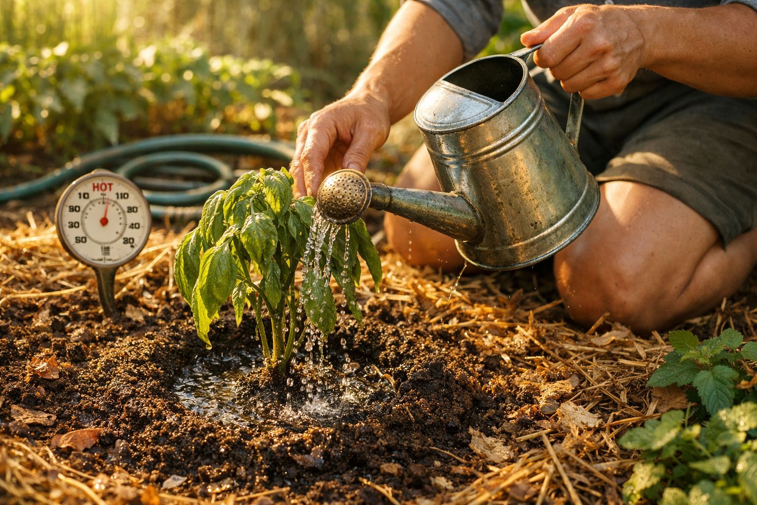 Mãos cuidando de pequenas plantas em solo fértil com medidor de temperatura próximo, ao pôr do sol.