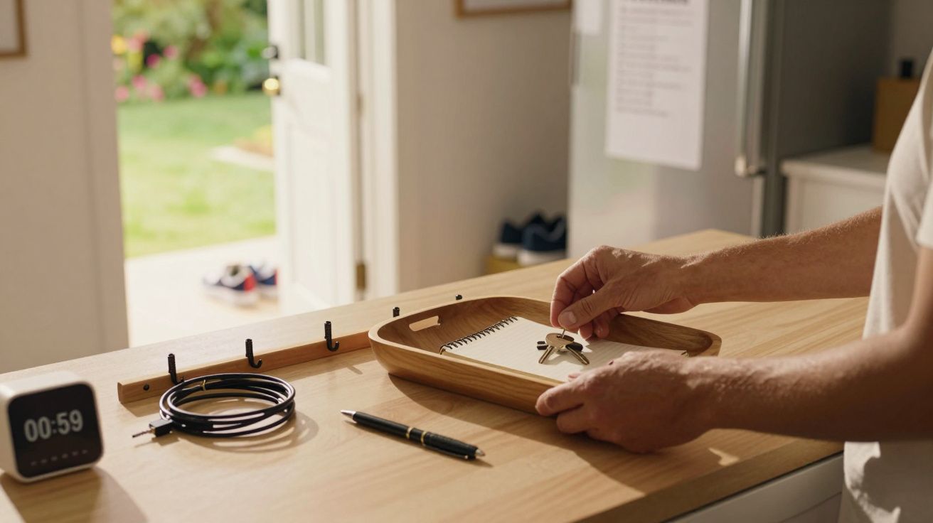 Homem a organizar chaves num tabuleiro de madeira, com um bloco de notas, cabo e caneta em cima de uma bancada de cozinha.