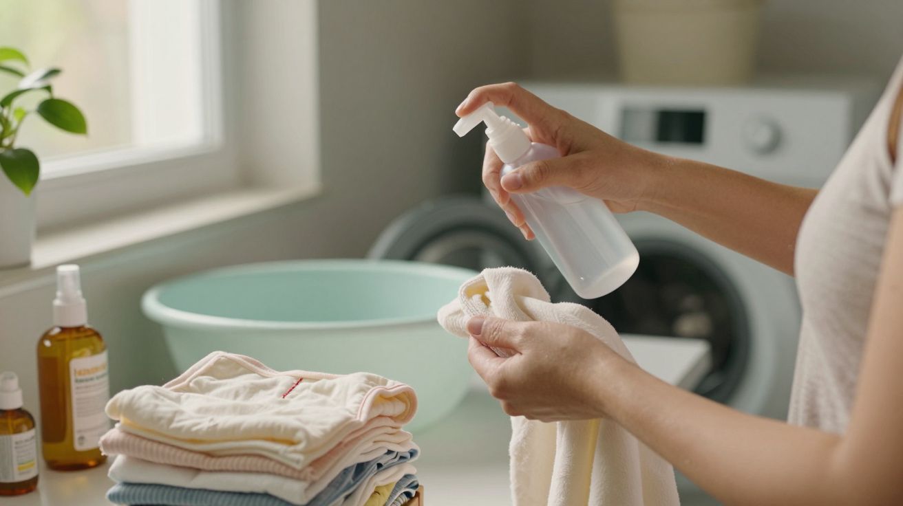 Pessoa aplicando produto num pano, com roupa lavada ao lado, em ambiente de lavandaria.