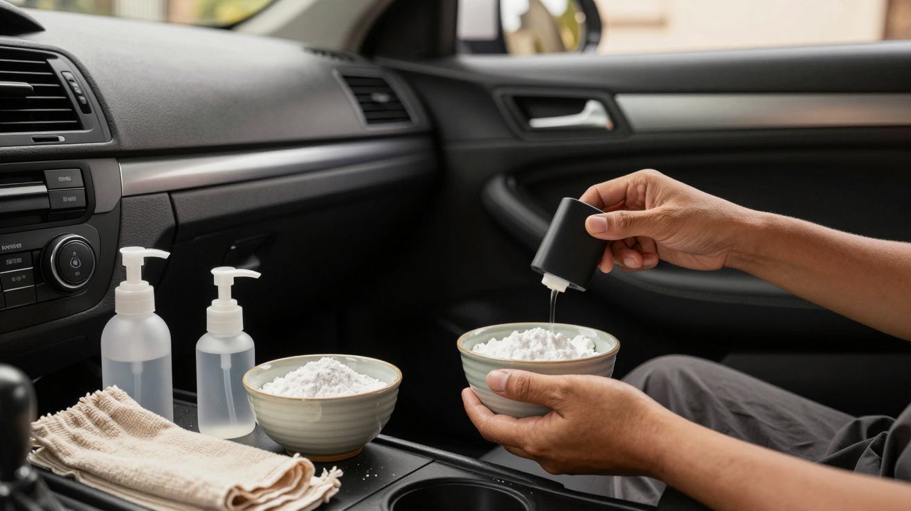 Pessoa mistura ingredientes em tigelas no interior de um carro, com frascos e toalhas ao lado.