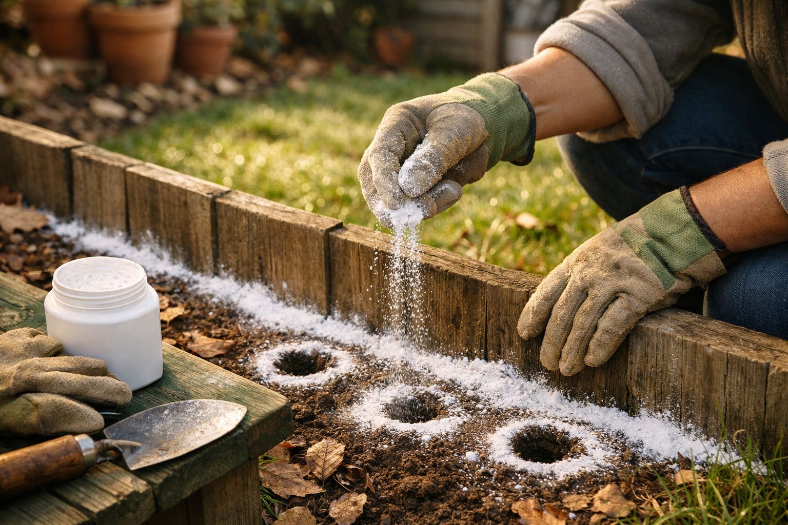 Mãos espalham terra numa mesa de jardim, com plantas e vasos de barro ao fundo.