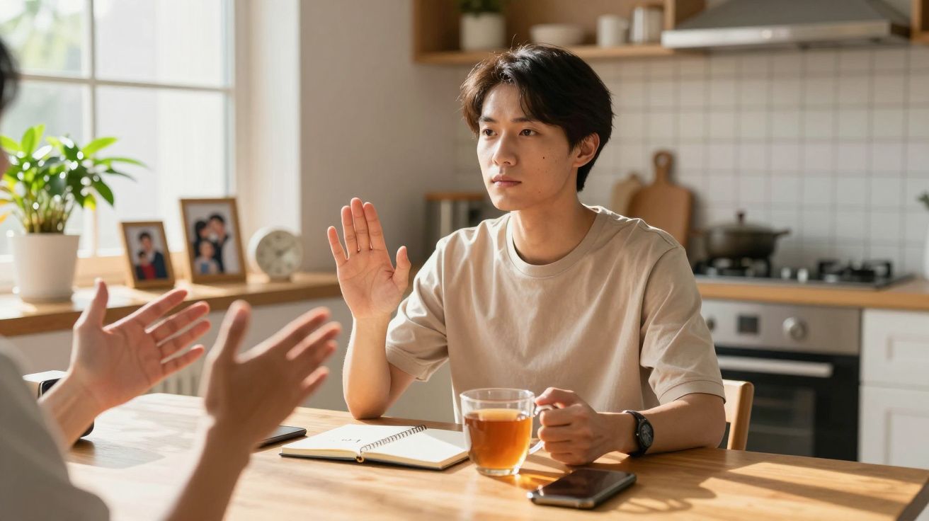 Homem sentado à mesa da cozinha com chá, gesticulando com a mão, em conversa com pessoa não visível.