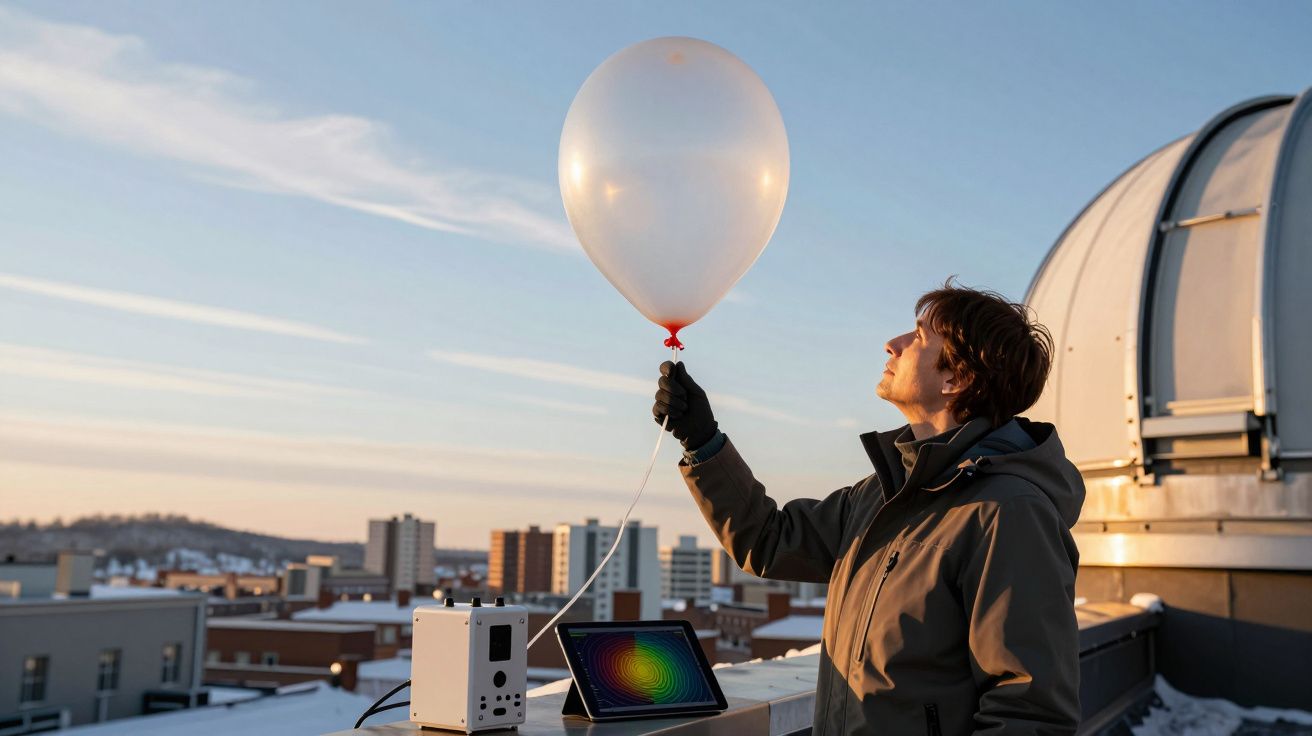 Pessoa num telhado segurando um balão de hélio. Ao lado, um dispositivo e um tablet. Céu claro ao entardecer.