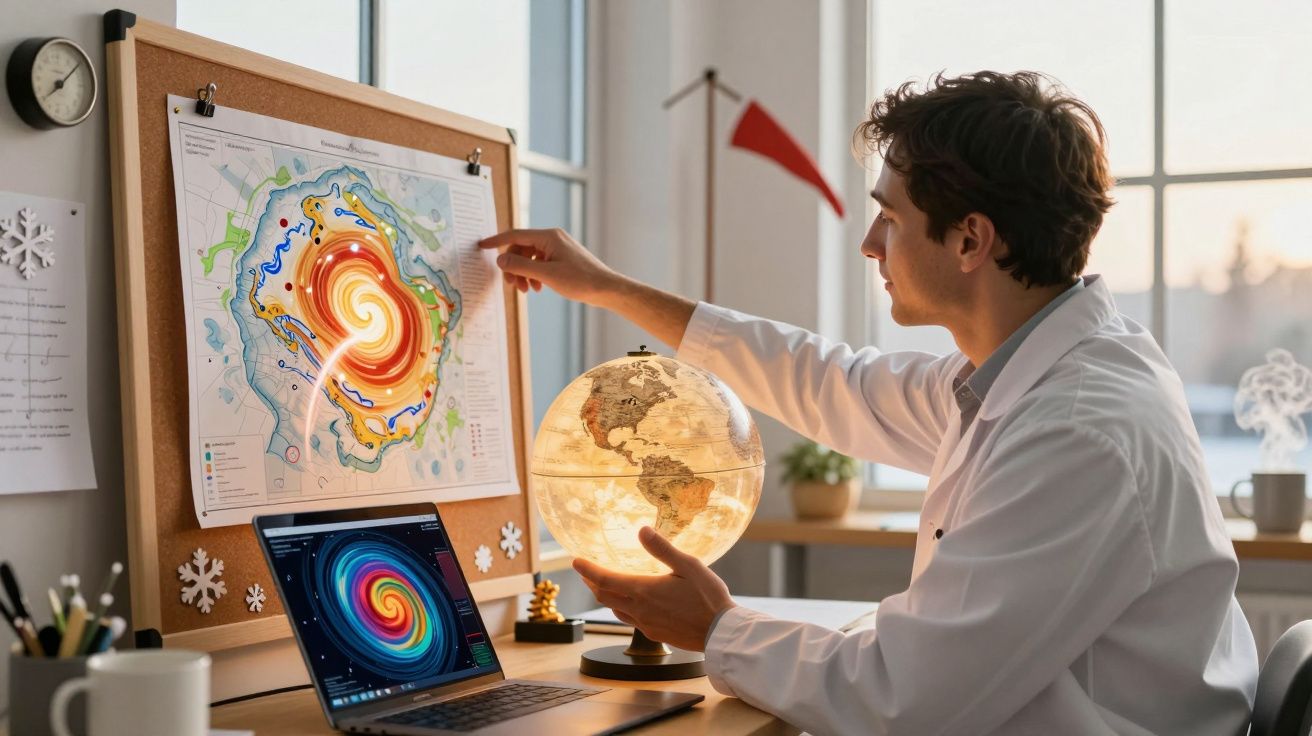 Homem analisa mapa meteorológico colorido em escritório, com computador e globo terrestre iluminado ao lado.