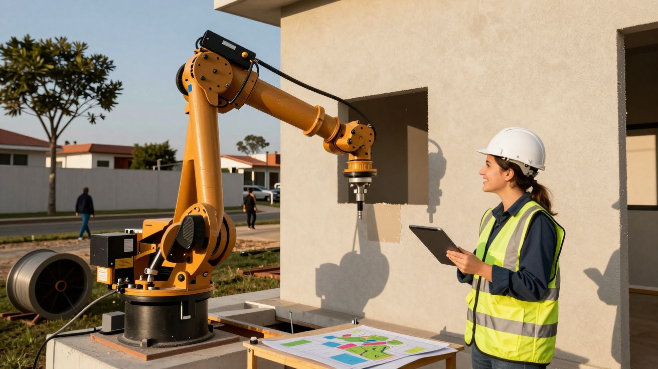 Mulher com colete e capacete observa braço robótico em construção, segurando tablet.