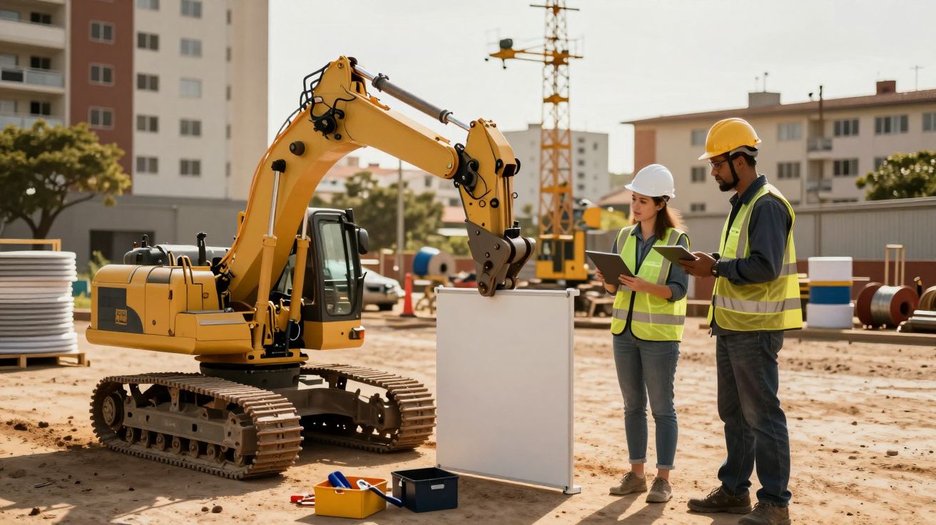 Dois engenheiros em coletes refletores avaliam planta em estaleiro, ao lado de uma mini escavadora amarela.