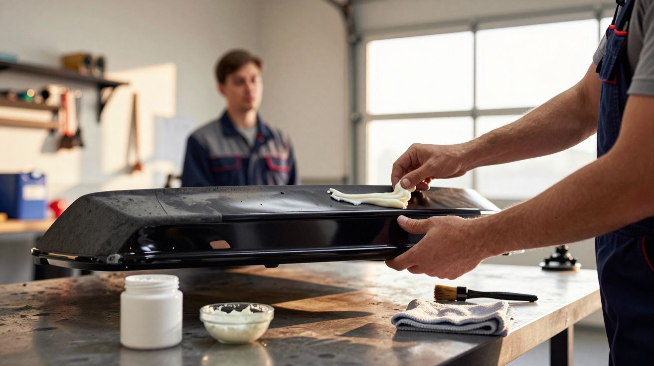 Homem a aplicar massa numa peça metálica numa oficina, com ferramentas e recipientes sobre a mesa.