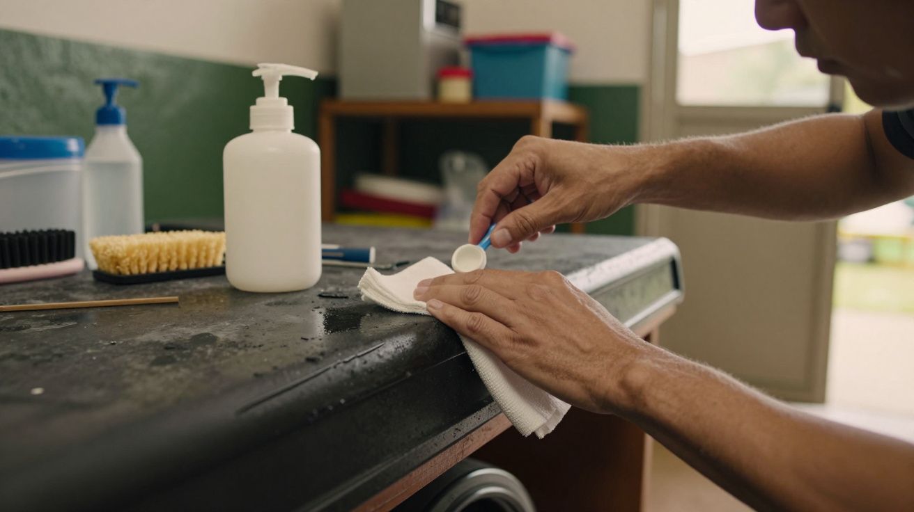 Mãos segurando tampa e pano sobre balcão, próximo a frasco de líquido.