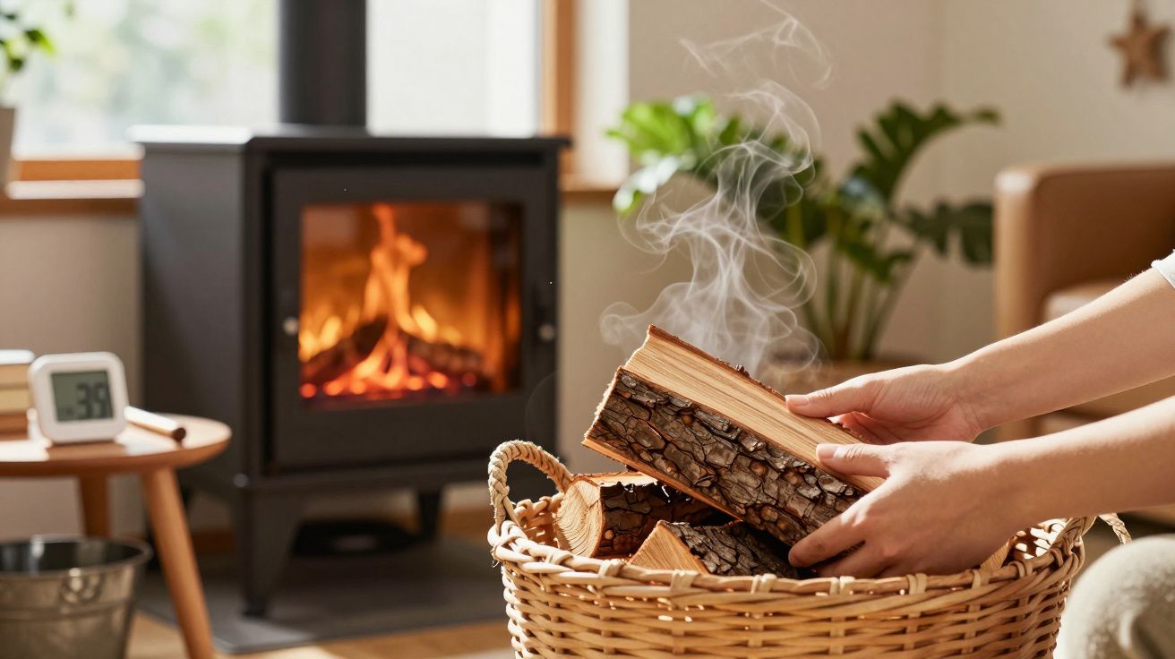 Mãos colocando lenha num cesto, com lareira acesa ao fundo numa sala aconchegante.
