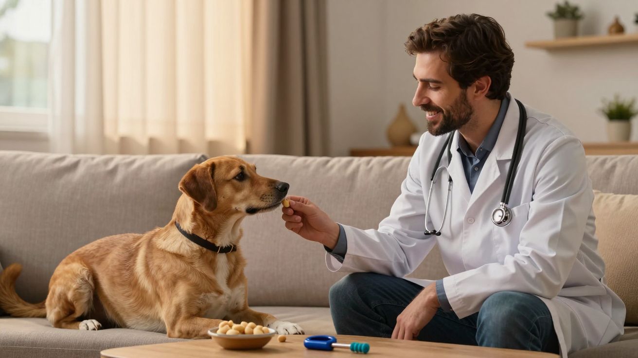 Veterinário com bata branca dá biscoito a cão castanho em sofá numa sala bem iluminada.