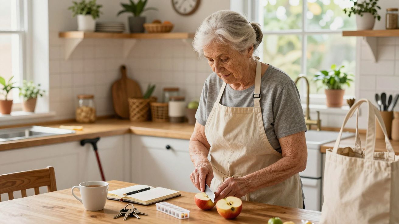 Idosa de avental a cortar maçãs na cozinha iluminada, com plantas e utensílios ao fundo.