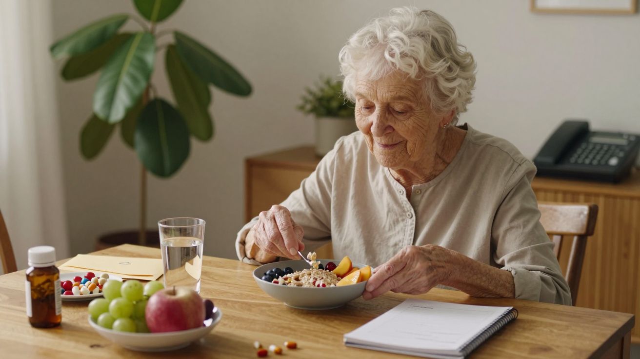 Idosa a comer cereais com fruta e a sorrir, sentada à mesa com água, caderno, fruta e medicamentos.